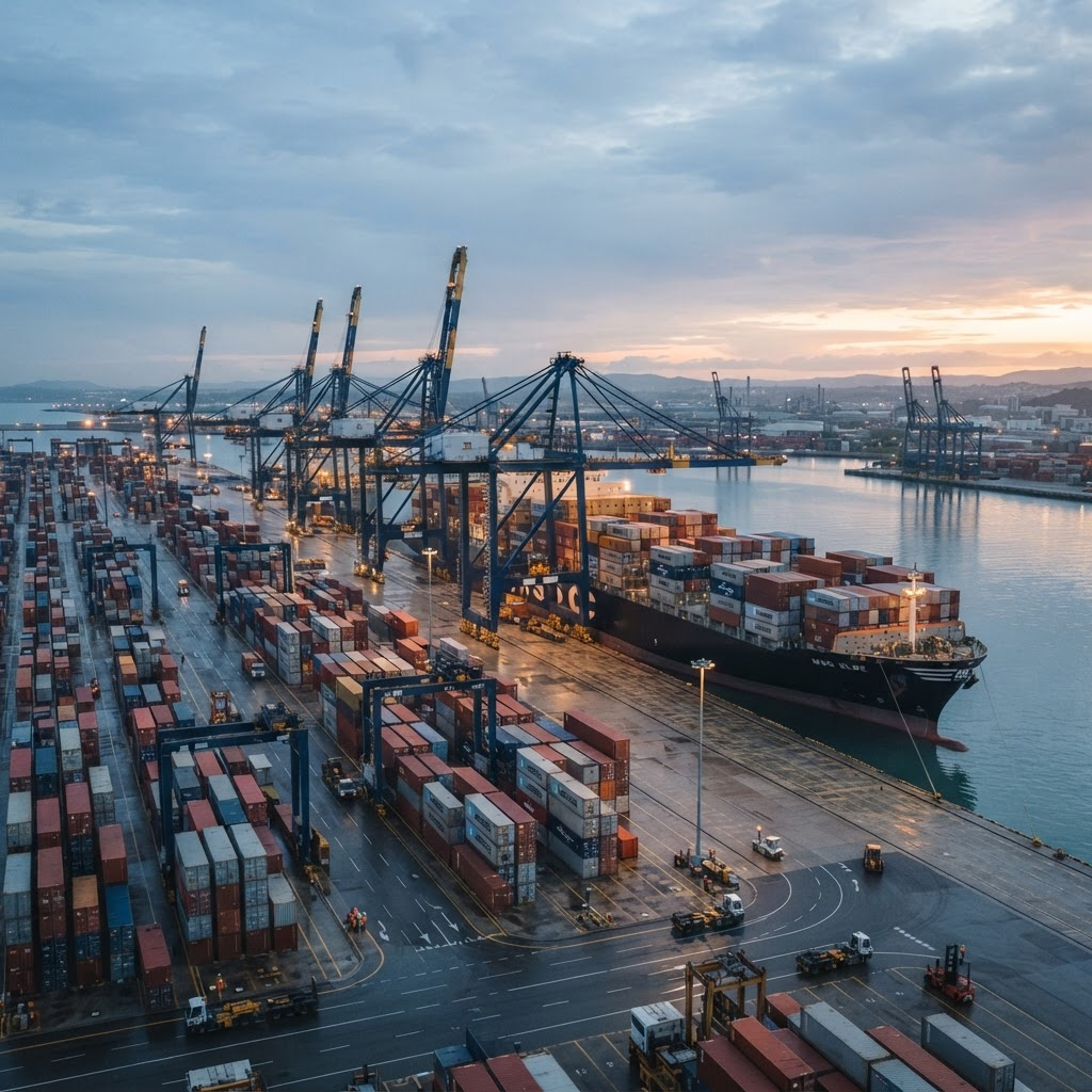 Export port at dusk with sepiolite shipments