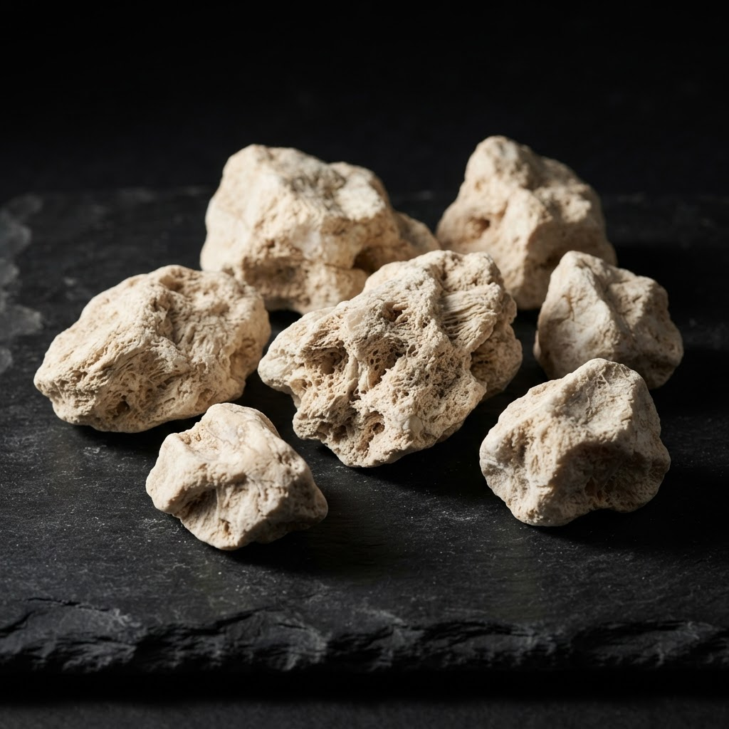 Raw natural sepiolite mineral chunks arranged on a dark surface